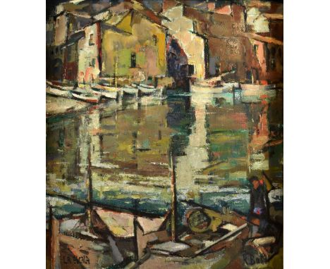 R Balles, 'La Escala', depicting a harbour scene with figure and boats moored, oil on board, 73cm x 64cm.    