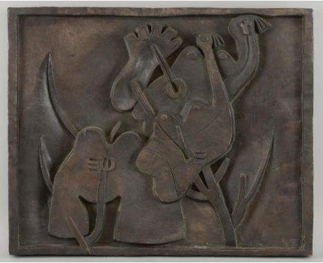 § John Melville (British, 1902-1986), cast bronze abstract relief with figure, numbered 2 of 8, signed and dated '36, and mar