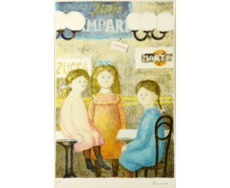 Antonio Bueno (Italian, 1918-1985). Print depicting three girls seated in a cafe. Signed to margin in pencil. Framed and glaz