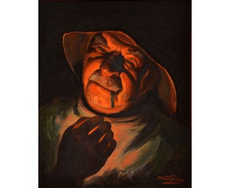 Louis Montaigu (French, 1905-1988), oil on board depicting bust portrait of an old man about to light his cigarette at night,