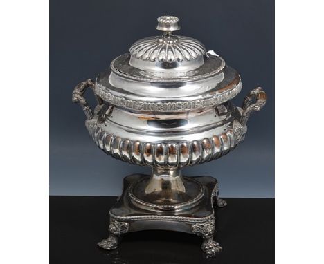 Regency style Britannia metal urn shaped tureen, semi fluted, twin cast handles, lion paw feet, 41cm and an electroplated two