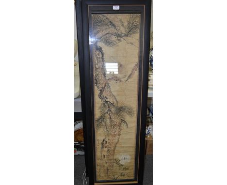 Chinese School, Bird on a Tree, mounted and framed scroll, 125cm x 30cm and another similar (2).