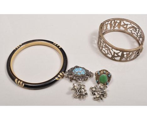 Art Deco white metal bangle, stained ivory bangle, costume jewellery, coins etc.