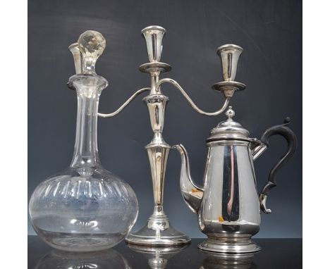 Electroplated coffee pot, and matching hot water jug, 21cm, a pair of plated three light candelabra, three decanters and a sp