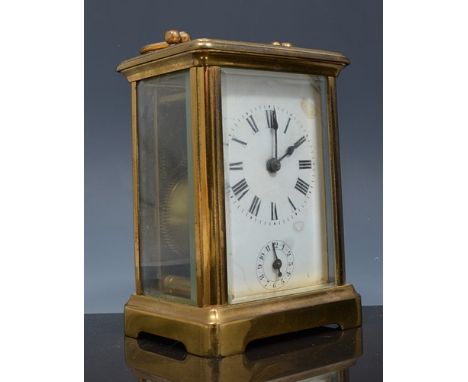 French brass case carriage clock, white enamel dial, platform escapement.