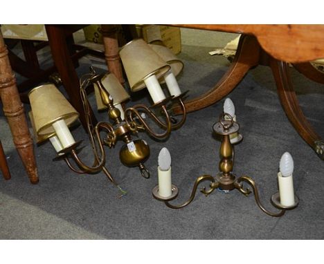 Lacquered brass five light chandelier, in the Dutch style, scrolled branches, 43cm with candle fitments and a lacquered brass