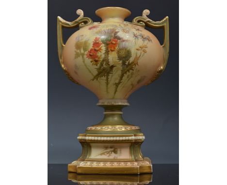Royal Worcester urn shape vase, date mark for 1908, twin handles decorated with thistles on a peach ground, lacking lid, 19cm