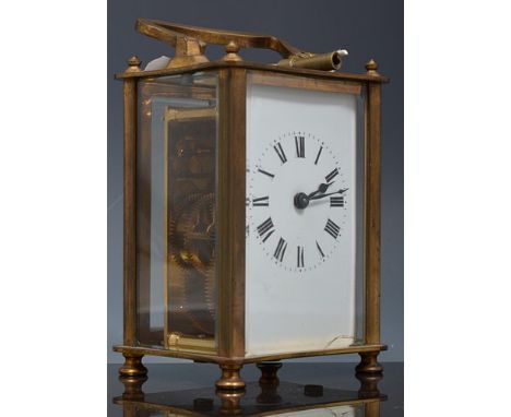 French brass faced carriage clock, white enamel dial, platform escapement, 12cm.
