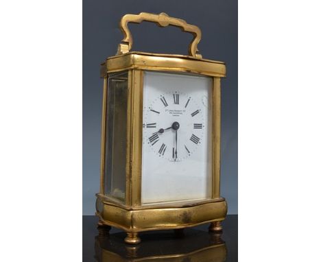 French lacquered brass carriage clock, white enamel dial signed Sir John Bennett Limited, London, platform escapement, 13cm.