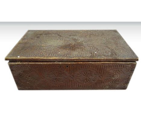 Stained wood and chip carved boarded box, with a carved inscription to the underside and dated 1875, width 51cm and a small c