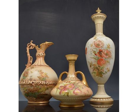 Royal Worcester two handled vase, date mark for 1903, floral decoration on a peach ground, restored 18cm, a tall ornamental v