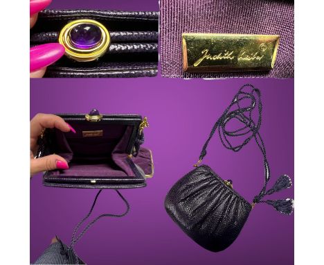 Celebrated American designer JUDITH LEIBER couture, purple real lizard skin, multi jewelled clutch bag with long chord with t