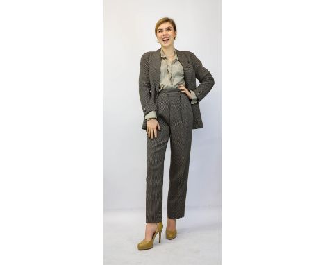 GIORGIO ARMANI ladies brown wool tweed trouser suit with GEORGIO ARMANI striped silk blouse UK10-12ALBERT NIPON brown wool tw