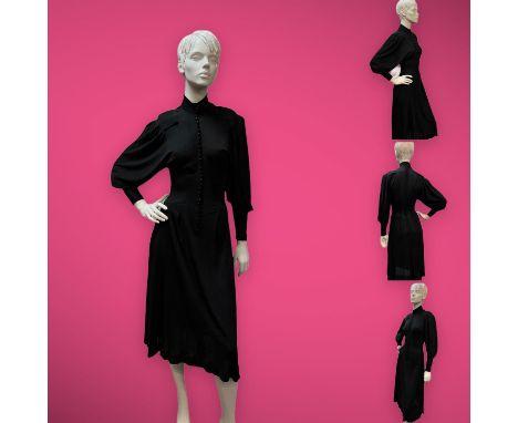 JEAN MUIR 1970s/80s 1970s original belted military style little black dress in softly draped crepe-de-Chine with padded shoul