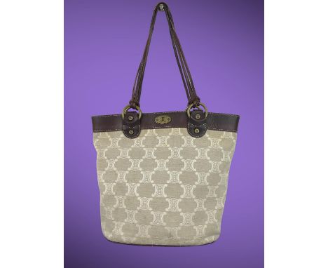 A vintage cream embossed C Macadam-pattern canvas and brown leather CELINE top- handle tote handbag with thick knotted double