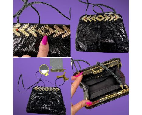 Celebrated American designer JUDITH LEIBER couture, black real lizard skin, multi jewelled clutch bag with long strap, small 