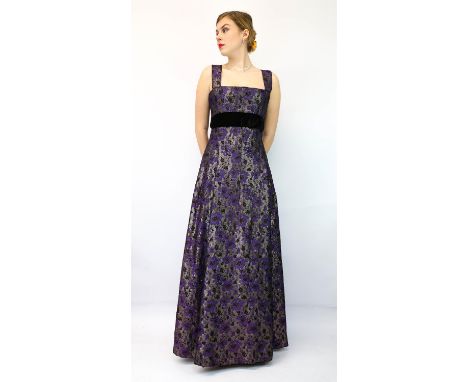 Updated description.Rare original CHRISTIAN DIOR 1960s floral purple with gold lurex floor-length evening gown with black vel