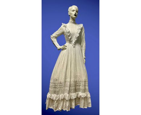 1970s LAURA ASHLEY Victorian style cotton-lined white broderie cotton wedding dress with fishtail train. Fits a modern size U