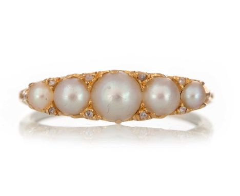 PEARL AND DIAMOND RING set with split pearls interspaced by diamond chips, unmarked, size NQty: 2.1g
