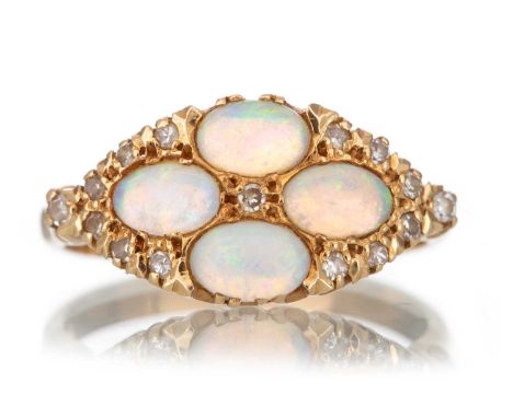 GOLD AND OPAL RING the mount set with opals and single cut diamonds, marked 18CT, size RQty: 4.3g