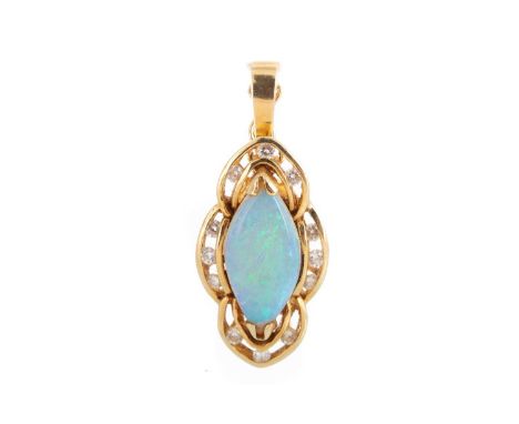 OPAL AND DIAMOND PENDANT the marquise stone flanked by diamonds, marked 18KQty: 3.9g