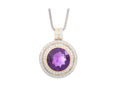 AMETHYST AND DIAMOND PENDANT  set with a faceted amethyst within a double halo of diamonds, on chain, each marked for eightee