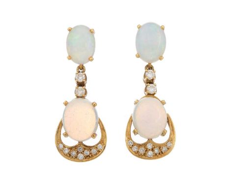 PAIR OF OPAL DROP EARRINGS set with cabochon opals and round brilliant cut diamonds, unmarkedQty: 6.8g