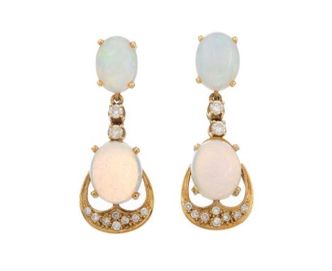 PAIR OF OPAL DROP EARRINGS set with cabochon opals and round brilliant cut diamonds, unmarkedQty: 6.8g