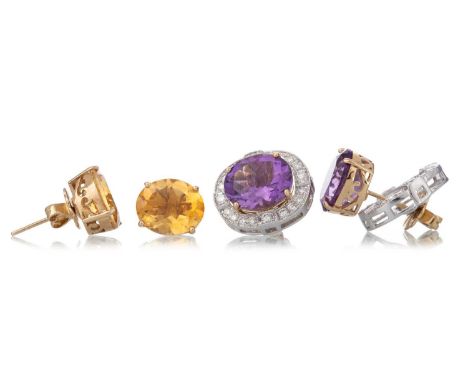 TWO PAIRS OF GEM SET EARRINGS comprising amethyst and citrine examples, with interchangeable diamond jackets