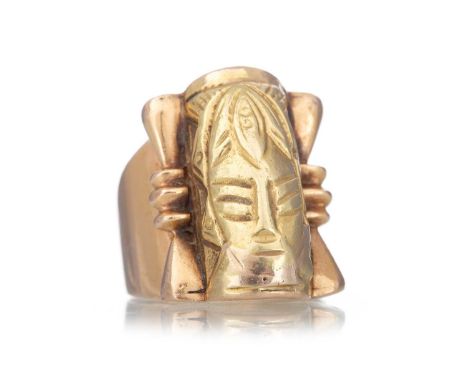 WEST AFRICAN GOLD RING with central engraved figure, unmarked, size OQty: 15.9gWell worn. Some detail has rubbed away. Bent o
