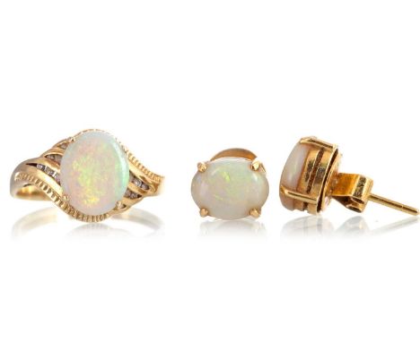 OPAL PENDANT, RING AND EARRINGS the pendant and ring set with small diamonds, the ring marked for fourteen carat gold, the pe