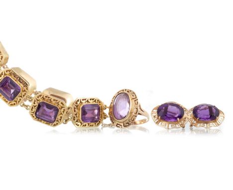 AMETHYST SUITE OF JEWELLERY each of similar pierced design, comprising bracelet marked 750, the ring and earrings both marked