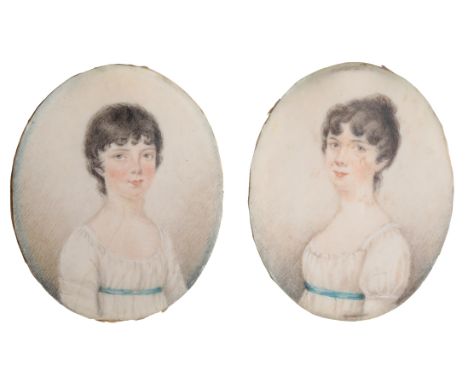 A FAMILY GROUP OF PORTRAIT MINIATURES late 18th/early 19th century, depicting sisters, each unframed, both 7cm high (2)Proven
