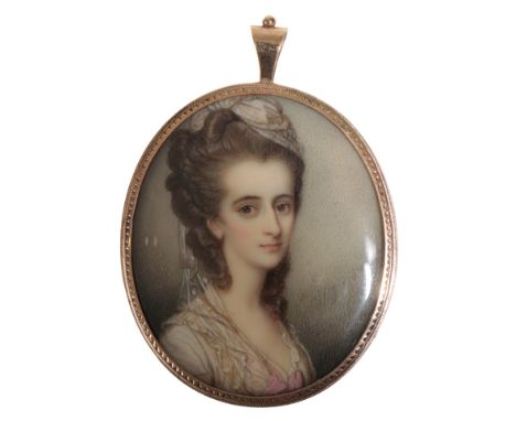 A GEORGE III PORTRAIT MINIATURE depicting a lady in a white dress and headdress, in an unmarked yellow metal engraved mount, 