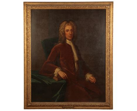 ATTRIBUTED TO JOHN VANDERBANK (1694-1739) A portrait of William Plumer seated, three-quarter length wearing a brown coat, oil