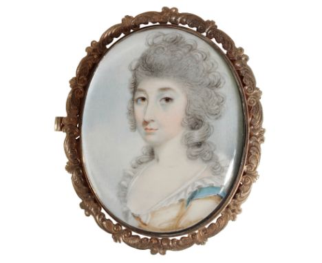A GEORGE III PORTRAIT MINIATURE IN THE MANNER OF RICHARD COSWAY (1742-1821) depicting a lady with grey hair, in and engraved 