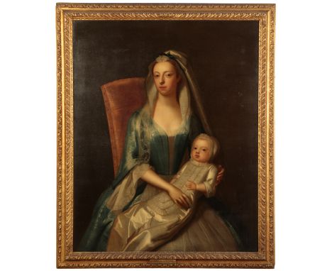 JOHN VANDERBANK (1694-1739) A portrait of Catherine, daughter of John Plumer, holding her baby oil on canvas, 127cm high x 10
