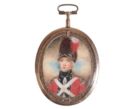 A GEORGE III PORTRAIT MINIATURE depicting a young soldier in military uniform, with a braided hair surround, in an unmarked y