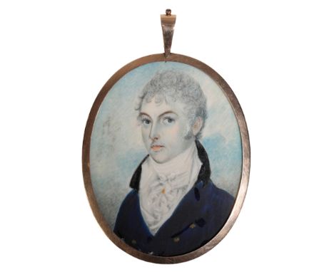 A GEORGE III MINIATURE PORTRAIT late 18th/early 19th century, depicting a young gentleman, in an unmarked yellow metal mount,