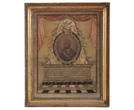 NELSON INTEREST: A REGENCY SILKWORK PANEL with a central portrait engraving of Admiral Horatio Nelson (1758-1805), 35cm high 