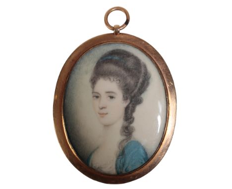 A GEORGE III PORTRAIT MINIATURE depicting a lady in a blue dress, in an unmarked yellow metal mount, the reverse containing a