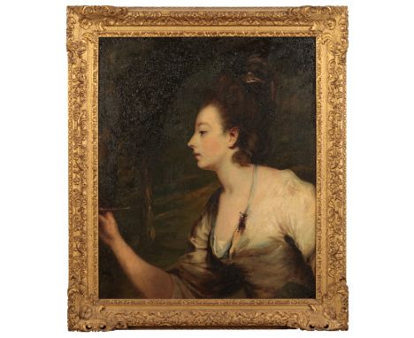FOLLOWER OF SIR JOSHUA REYNOLDS PRA (1723-1792) A portrait of Mrs Lloyd inscribing her name on a tree half-length, oil on can
