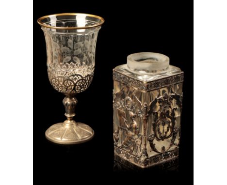 A PALAIS ROYAL WHITE METAL MOUNTED GLASS of square section, 11.5cm high, together with a continental wine glass, with baluste