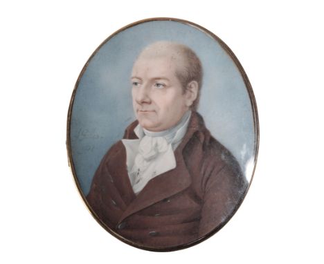 A REGENCY PORTRAIT MINIATURE SIGNED 'J GILLIS' early 19th century, depicting a gentleman in a double breasted coat, label to 