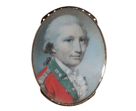 A GEORGE III PORTRAIT MINIATURE IN THE MANNER OF JOHN SMART (1742-1811) depicting a gentleman in uniform, possibly a Dragoon,