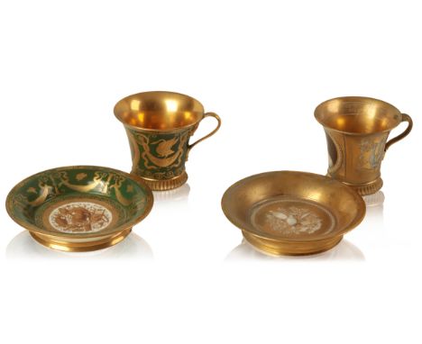 TWO SEVRES PORCELAIN CUPS AND SAUCERS early 19th century, one painted with a portrait believed to be Ann of Bavaria, 9cm high