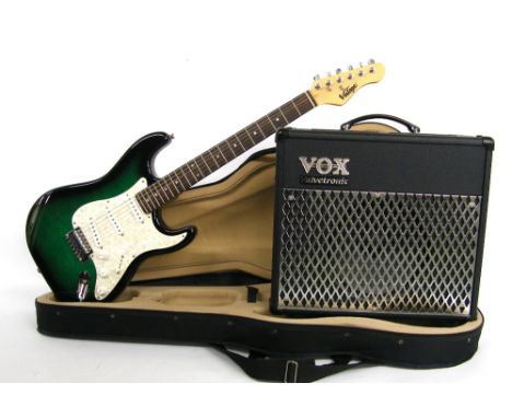 Vintage Stratocaster style electric guitar, made in China; Finish: green burst with blemishes and minor surface marks; Fretbo