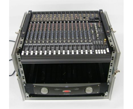 Mackie CR1604-VLZ sixteen channel mixer and an Alesis RA150 amplifier within a rack flight case