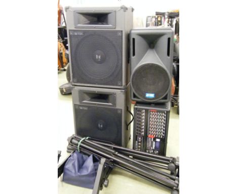 PA system comprising a Carlsbro Marlin 8400 eight track powered mixer, a pair of TOA SL-125 speakers, a DB Technologies Opera