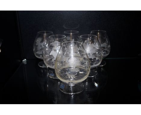 Royal Brierley set of 6 etched brandy glasses hunting scenes 